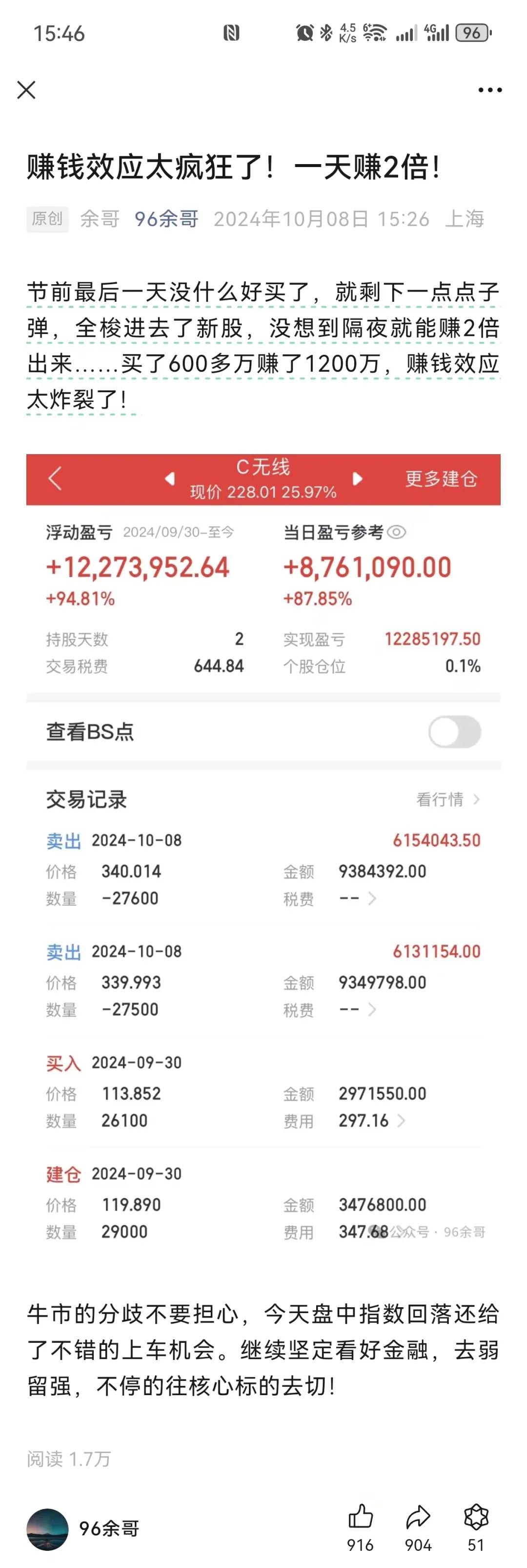 余哥：一天2倍；一年100倍才差不多，属于我的时代才刚开始。(西瓜XKK2024年10月08日文章)